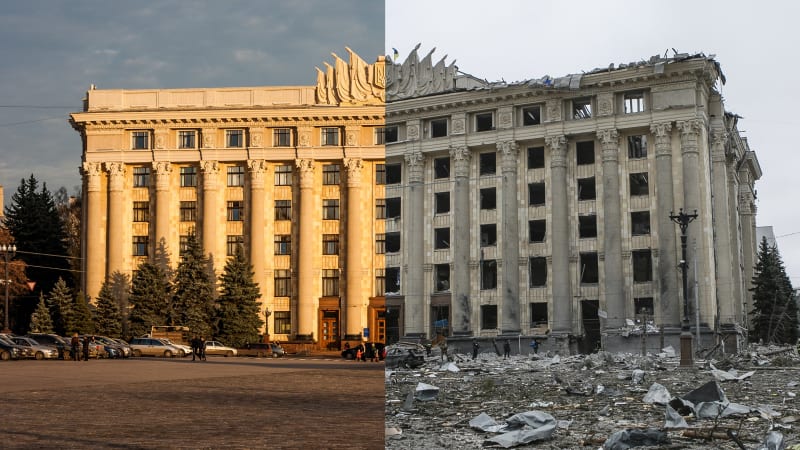 Na začátku března se cílem ruských útoků stala radnice v Charkově. Snímek ukazuje, jak vypadala před ruskou invazí a po ní.