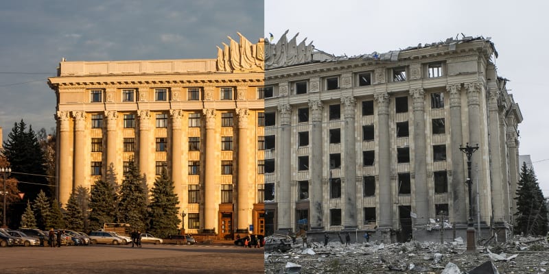 Charkovská radnice před ruskou invazí a po ní