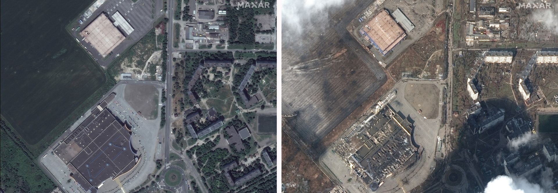  Poškozené nákupní centrum Portcity a další obchody v ukrajinském Mariupolu ve středu 9. března 2022 (vpravo) a před bombardováním (vlevo).
