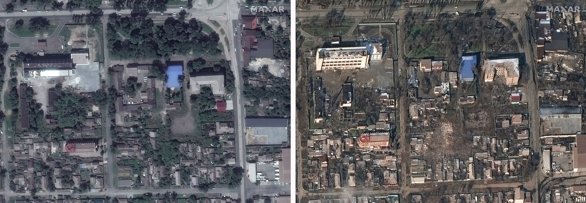 Zničené budovy a domy v Mariupolu na Ukrajině ve středu 9. března 2022 (vpravo) a před bombardováním (vlevo).