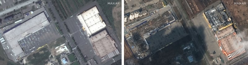 Obchody s potravinami a nákupní centra v ukrajinském Mariupolu 21. června 2021 (vlevo) před ruskou invazí na Ukrajinu a ve středu 9. března 2022 po bombardování (vpravo).