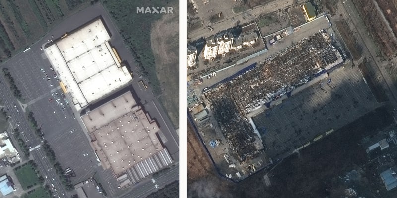 Obchody s potravinami a nákupní centra v ukrajinském Mariupolu 21. června 2021 (vlevo) před ruskou invazí na Ukrajinu a ve středu 9. března 2022 po bombardování (vpravo).