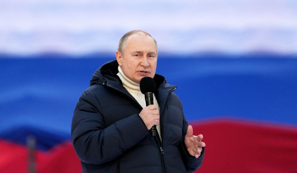 Vladimir Putin pronesl projev na stadionu Lužniki při příležitosti osmého výročí anexe Krymu (18. března 2022).