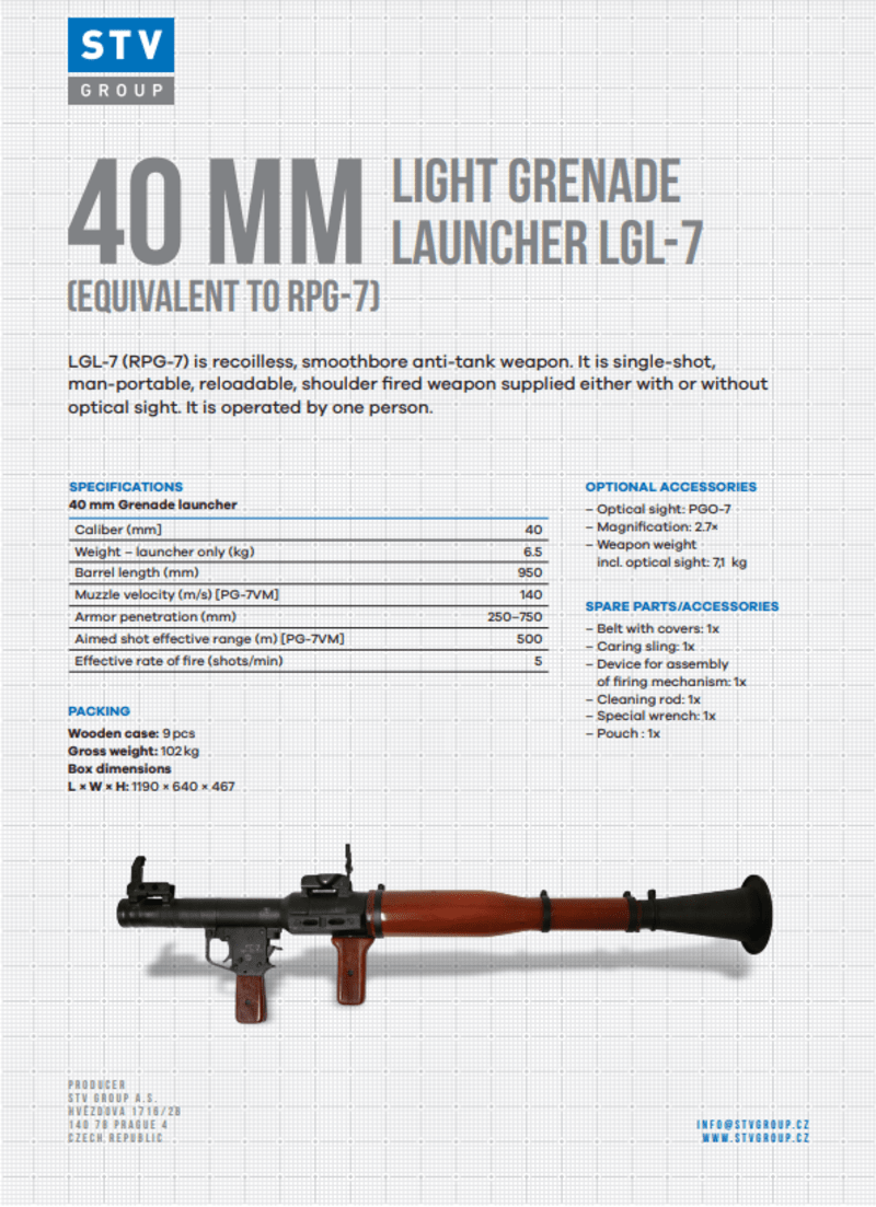 Lehký protitankový granátomet české výroby LGL-7 vyrábí česká společnost STV Group.