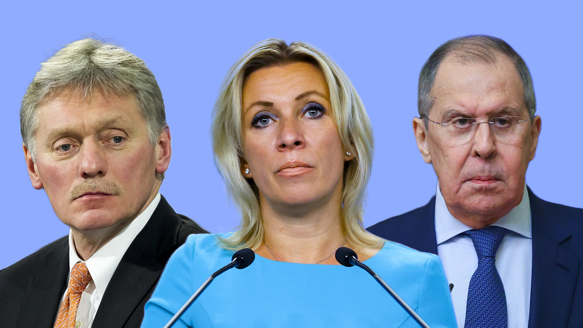 Dmitrij Peskov, Marija Zacharovová a Sergej Lavrov – trio nejdůležitějších spolupracovníků ruského prezidenta pro komunikaci se zahraničím.