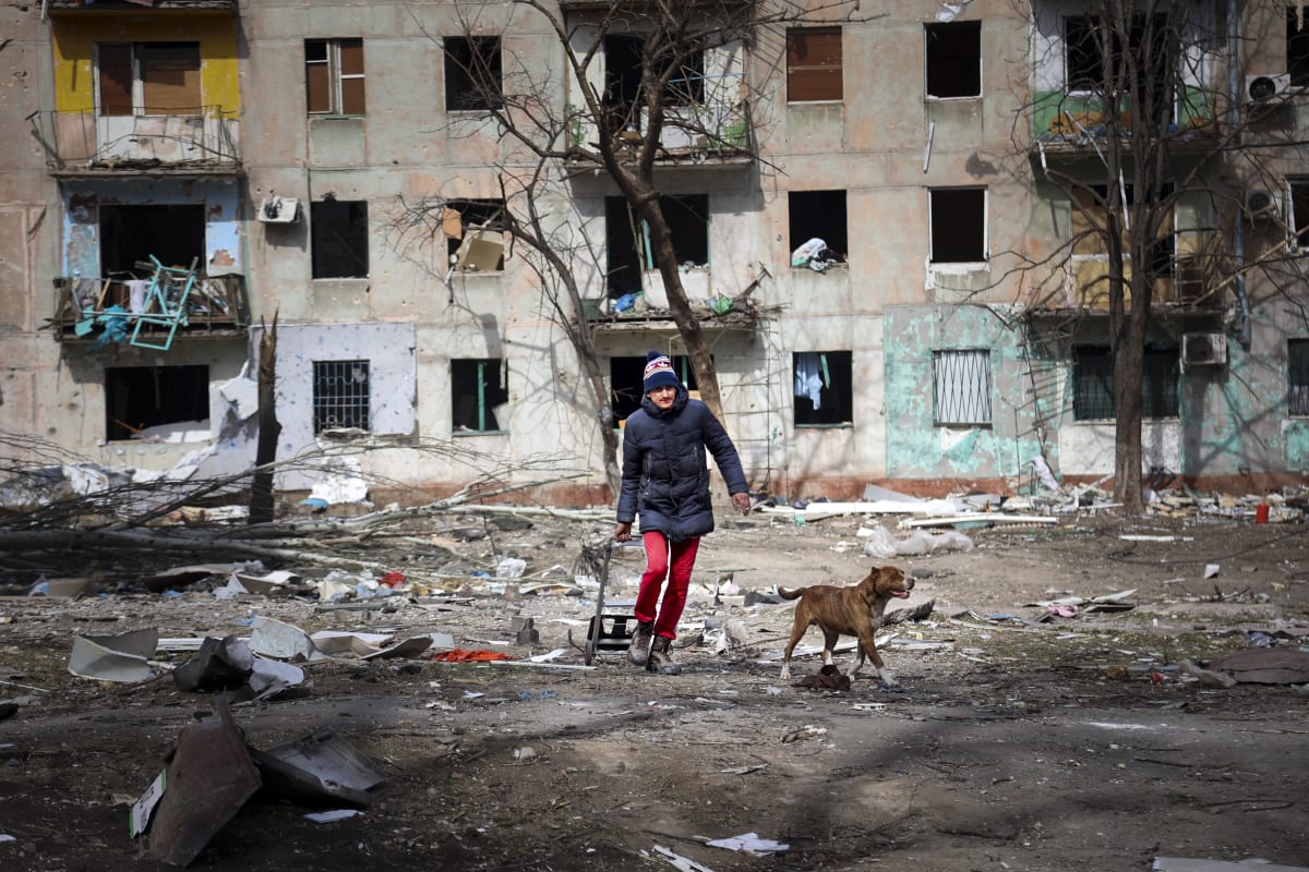 Osoba se psem ve zdevastovaném Mariupolu, 29. března