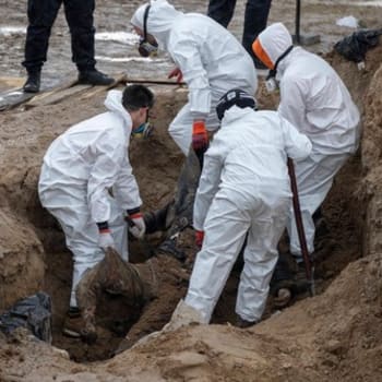 Vynášení těl z masového hrobu v Buči k následné identifikaci obětí