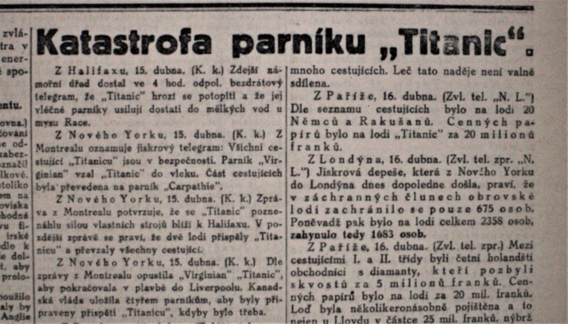 Zprávy a ilustrace z dobového českého tisku z dubna 1912 pocházejí z veřejného digitálního archivu Národní knihovny v Praze.