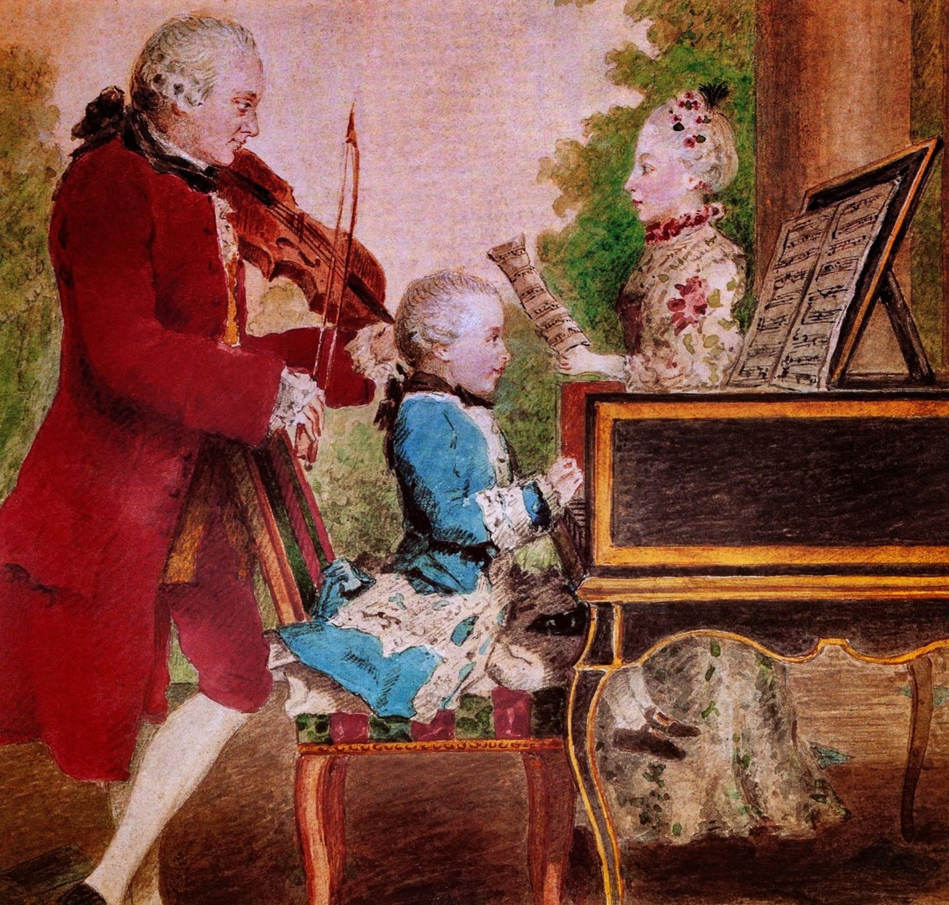 Malý Wolfgang se svým otcem Leopoldem a sestrou Marií Annou