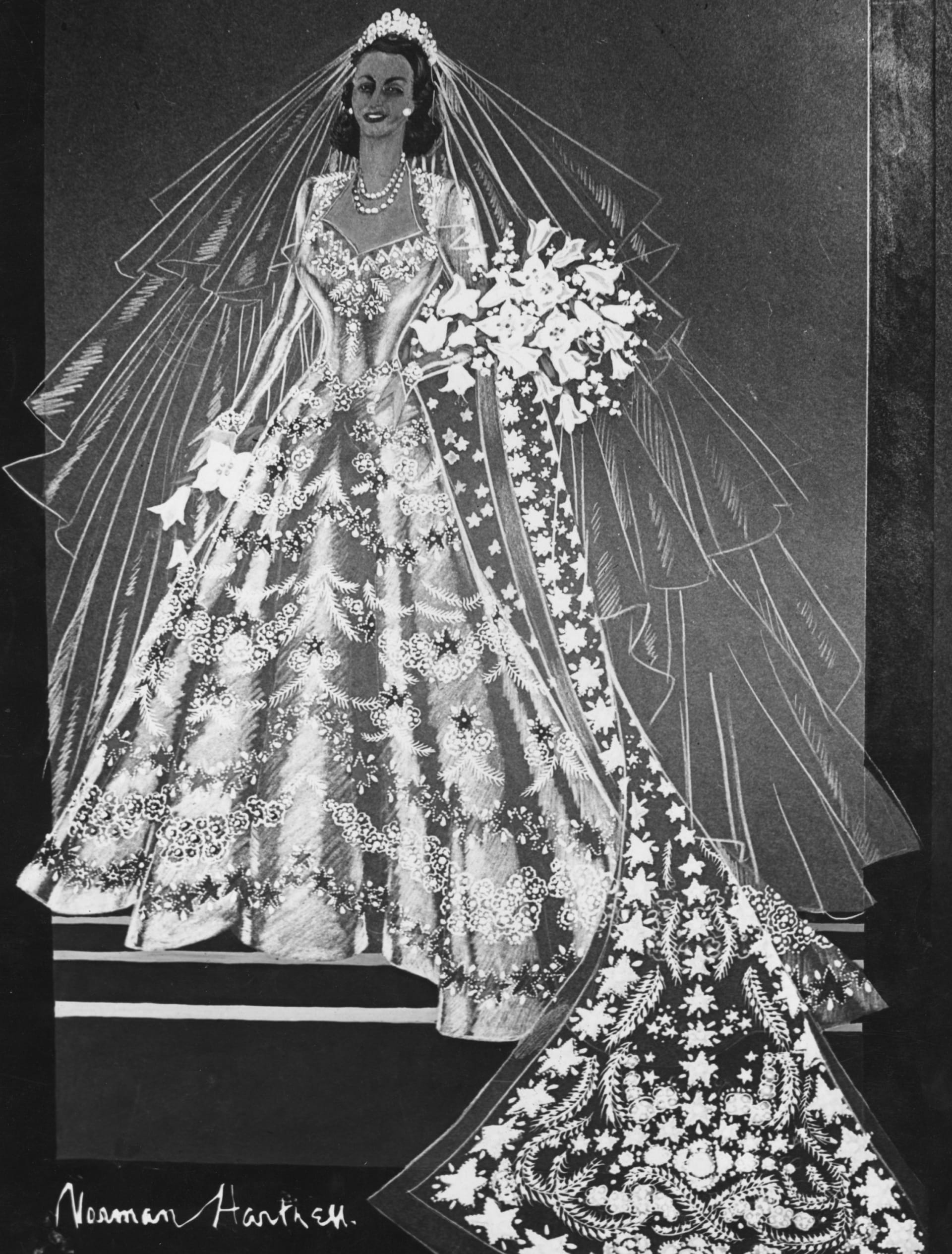 Skica svatebních šatů Alžběty II. od Normana Hartnella (1947)