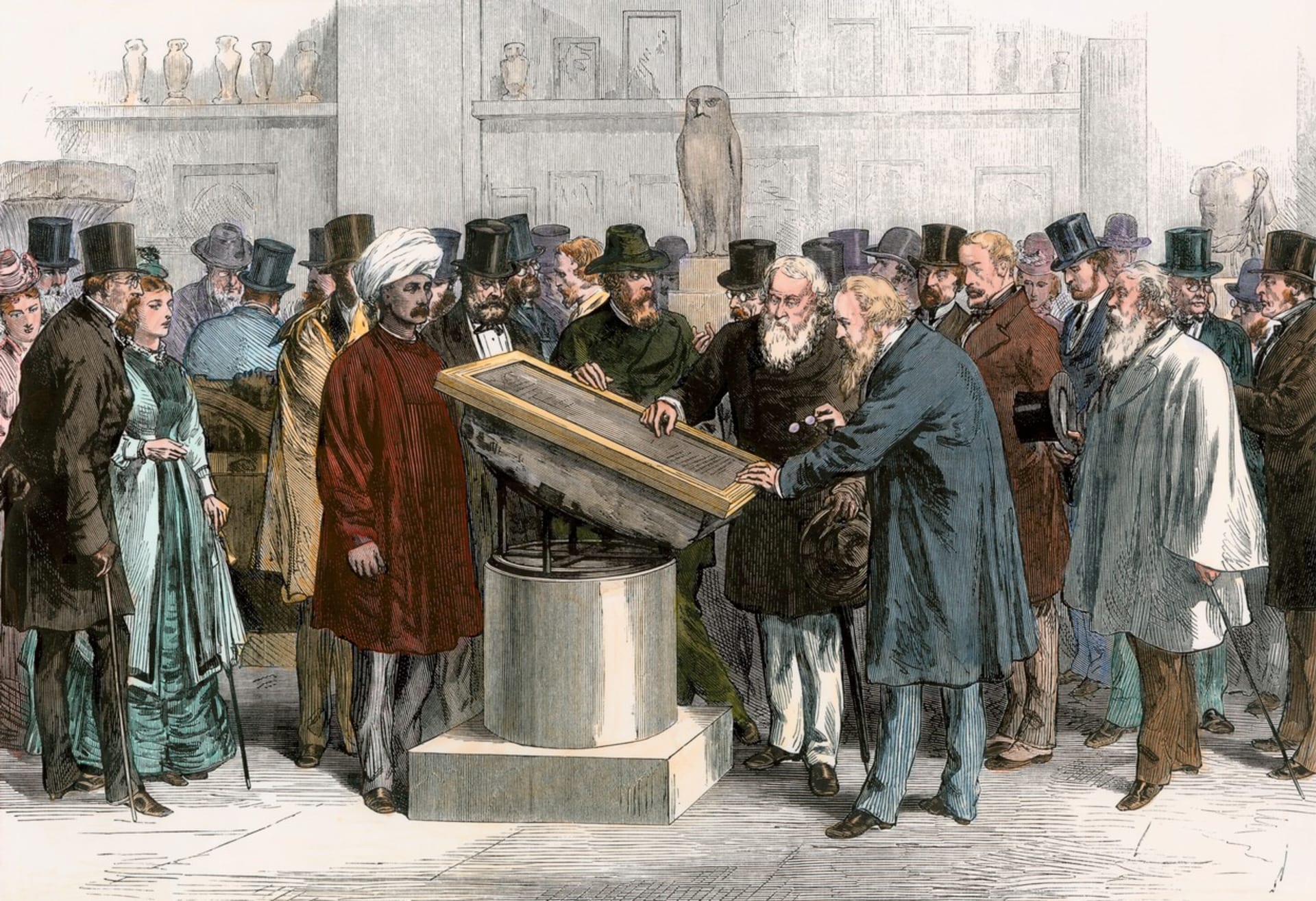 Rosettská deska vystavená v Britském muzeu v roce 1874