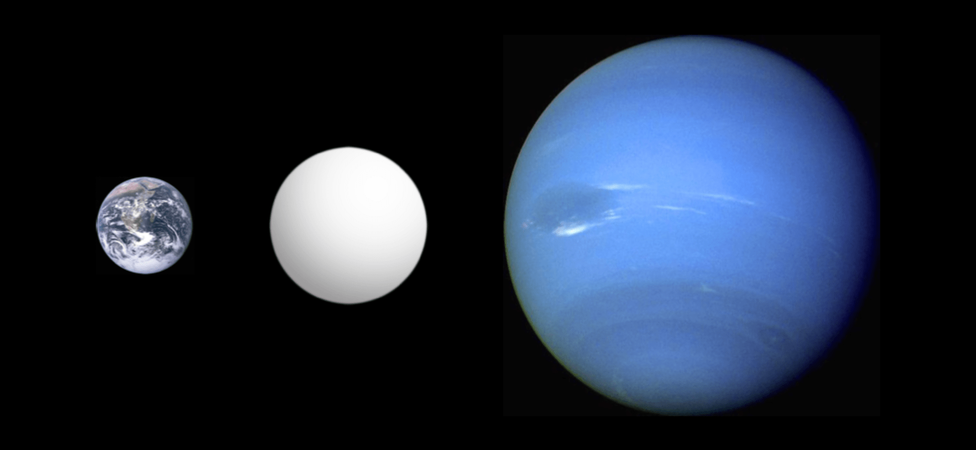 Porovnání velikosti - zleva Země, planeta Corot-7b a Neptun