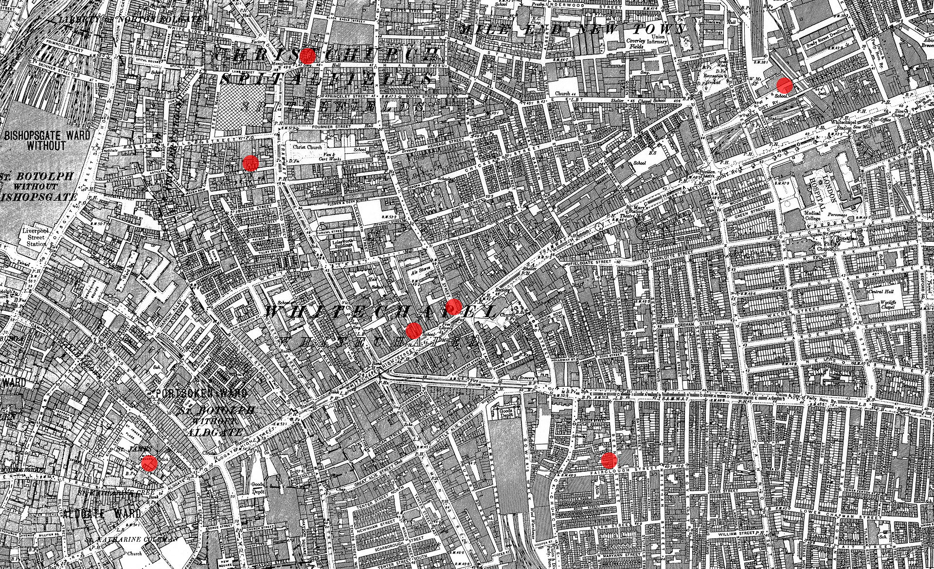 Mapa tehdejšího Londýna s místy vražd