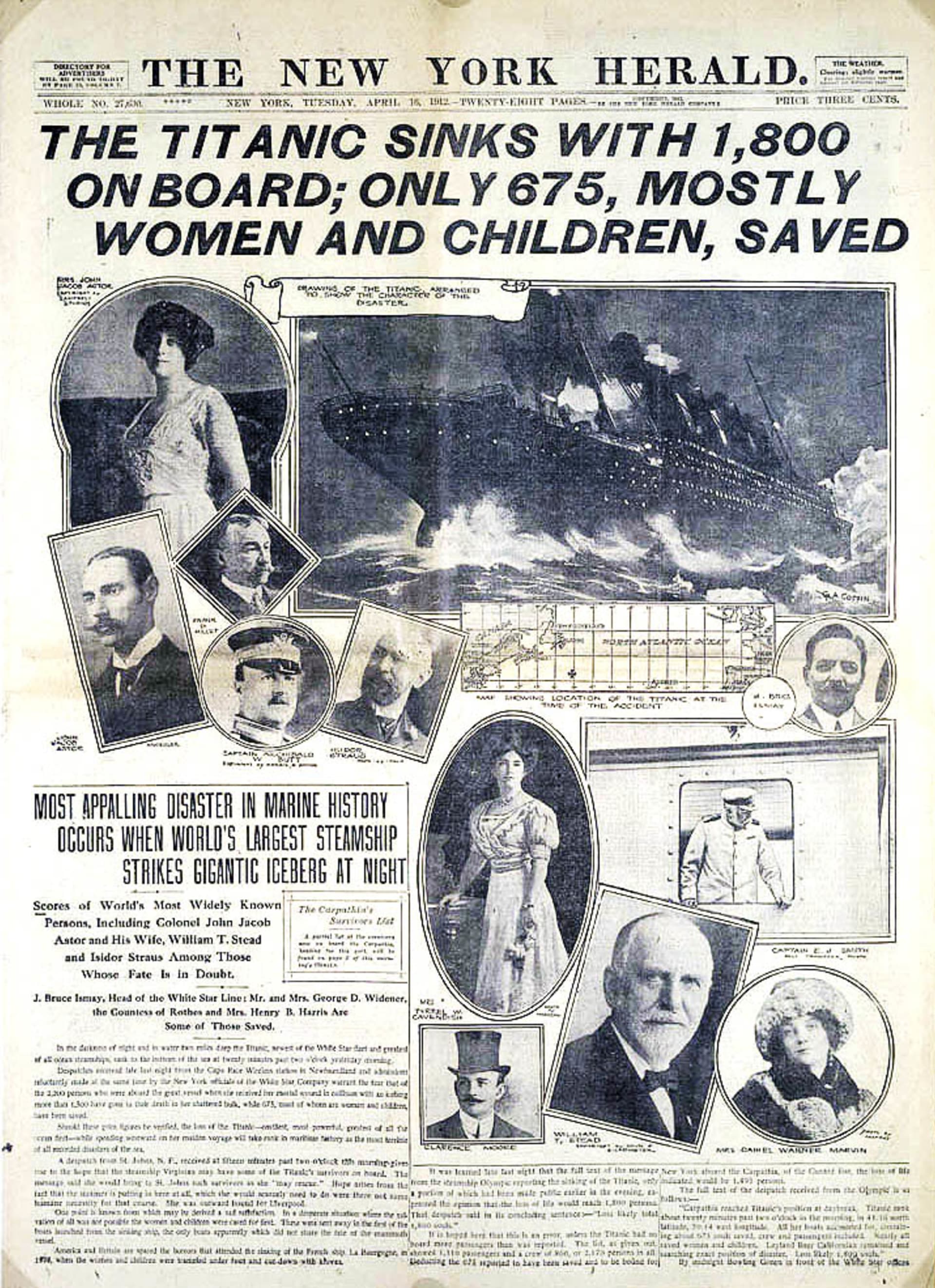 Dobové noviny informují o potopení Titanicu.