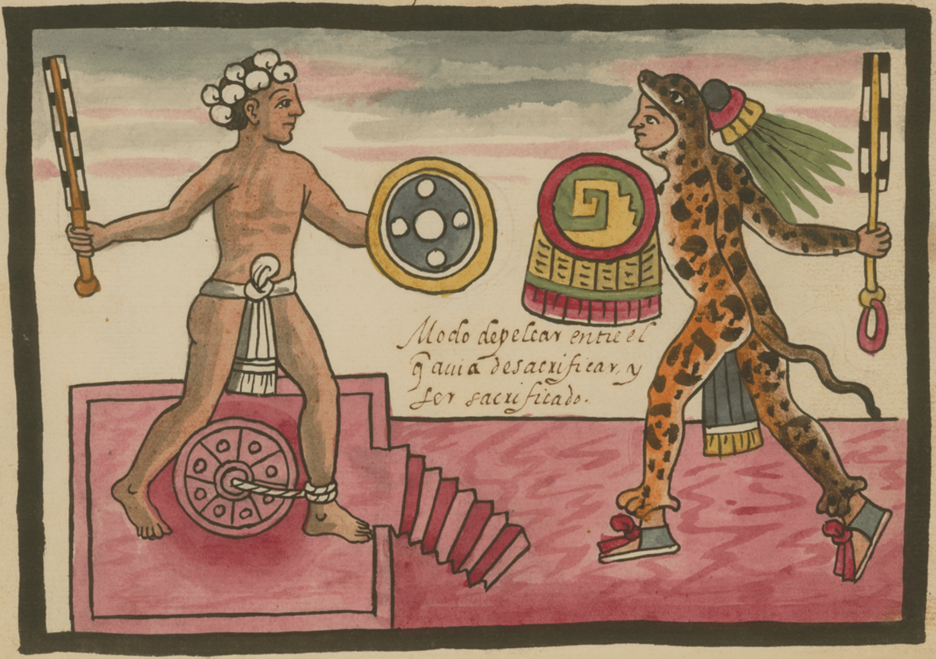 Muž určený jako oběť během festivalu Tlacaxipehualiztli bojuje s jaguářím válečníkem