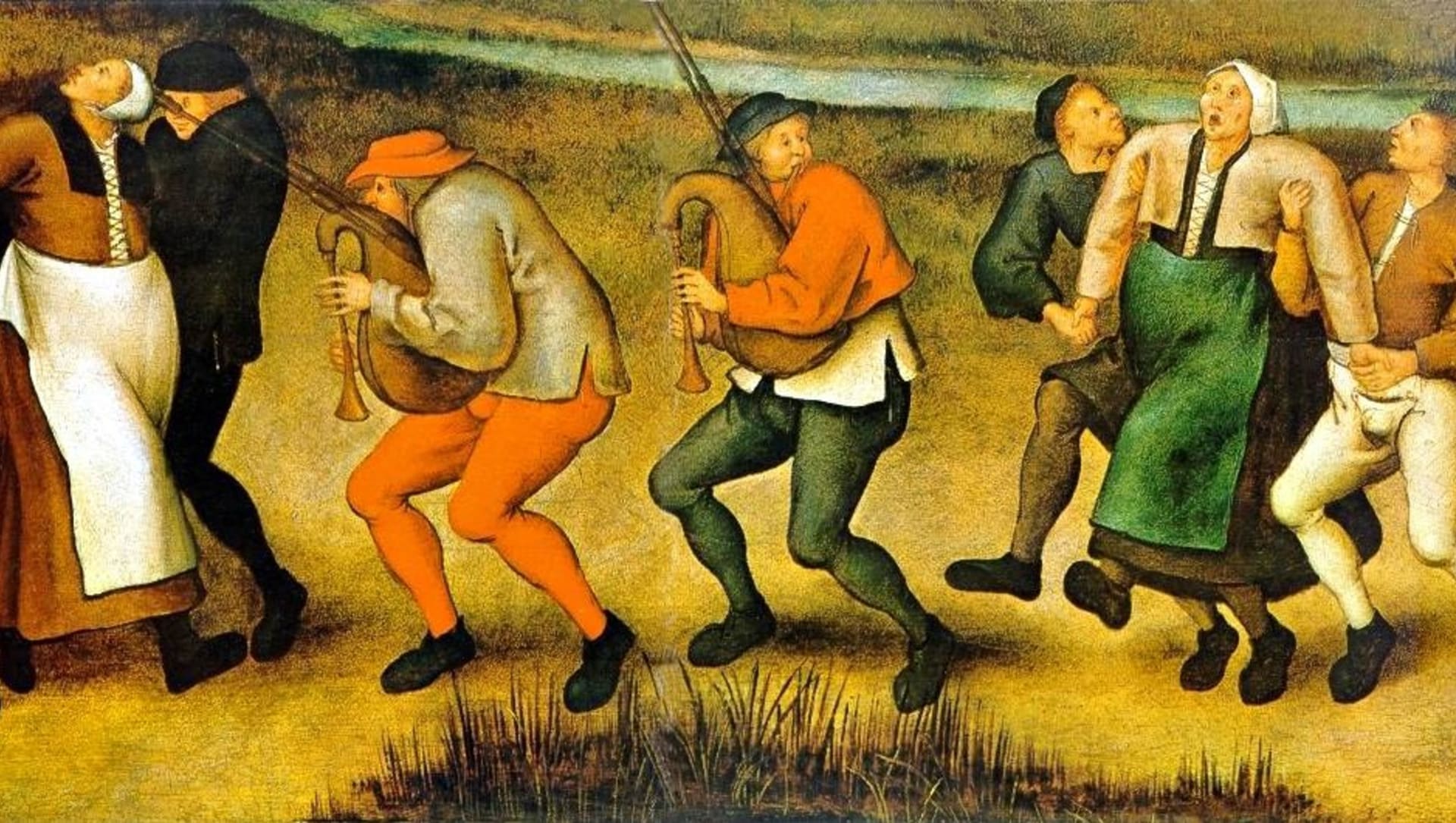 Vyobrazení tanečního moru od nizozemského malíře Pietera Brueghela mladšího.