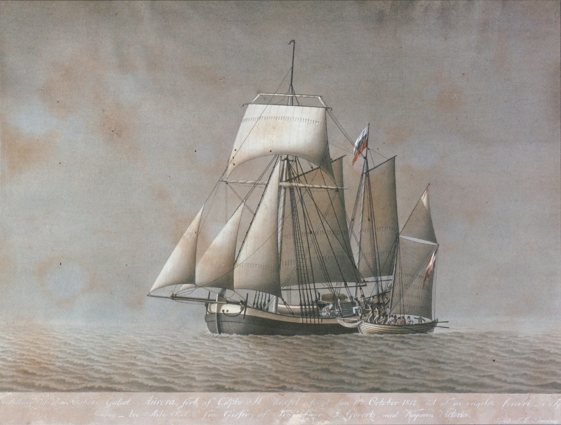 Ruská galiota Aurora (větší loď) z roku 1812 na obraze od Terkilda Emanuela Lønninga