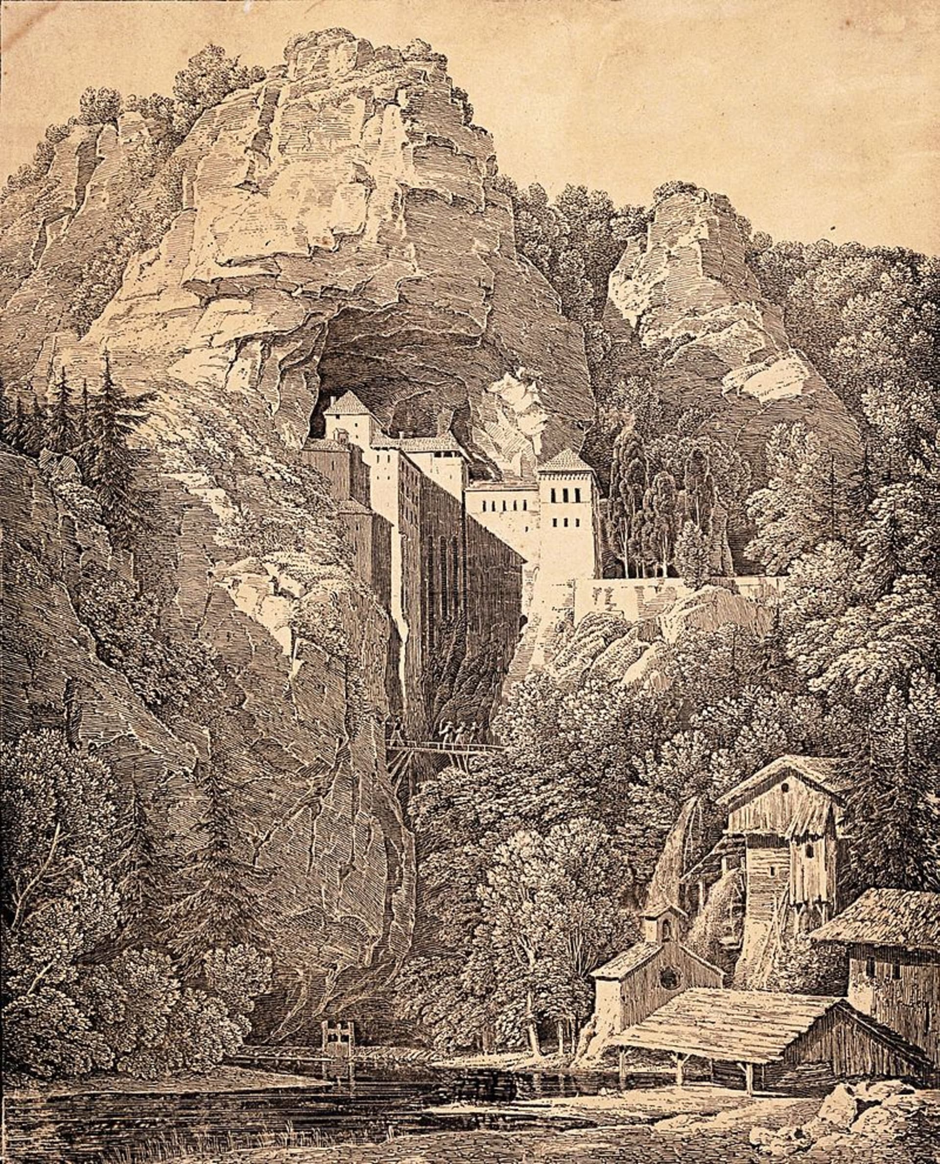Litografie hradu Predjama z roku 1816