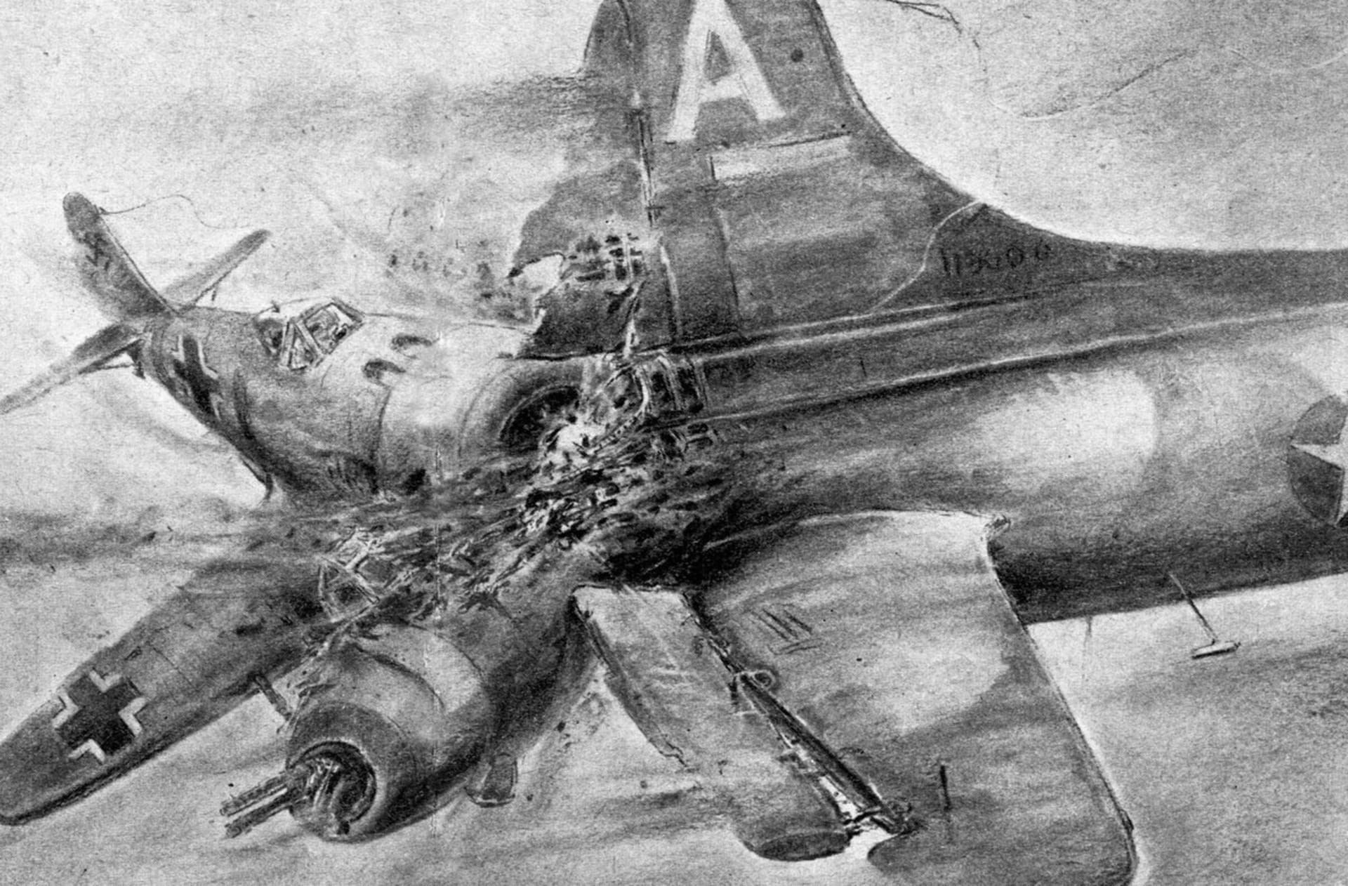 Německý messerchmitt ničí taranem americkou létající pevnost