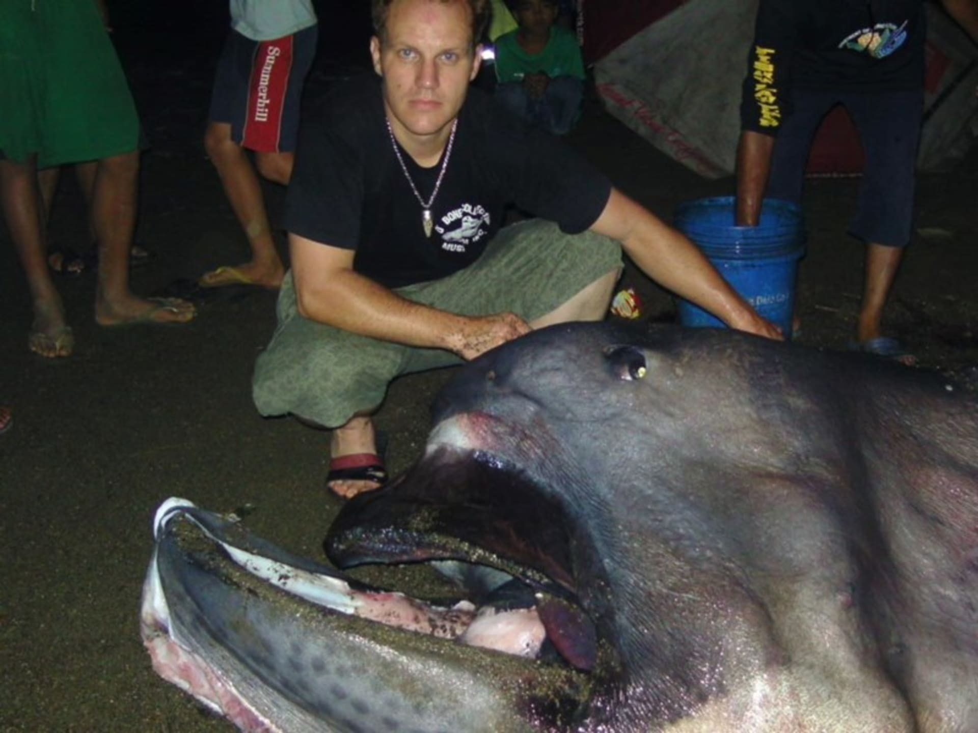 Žralok velkoústý nalezený na Filipínách s nálezcem