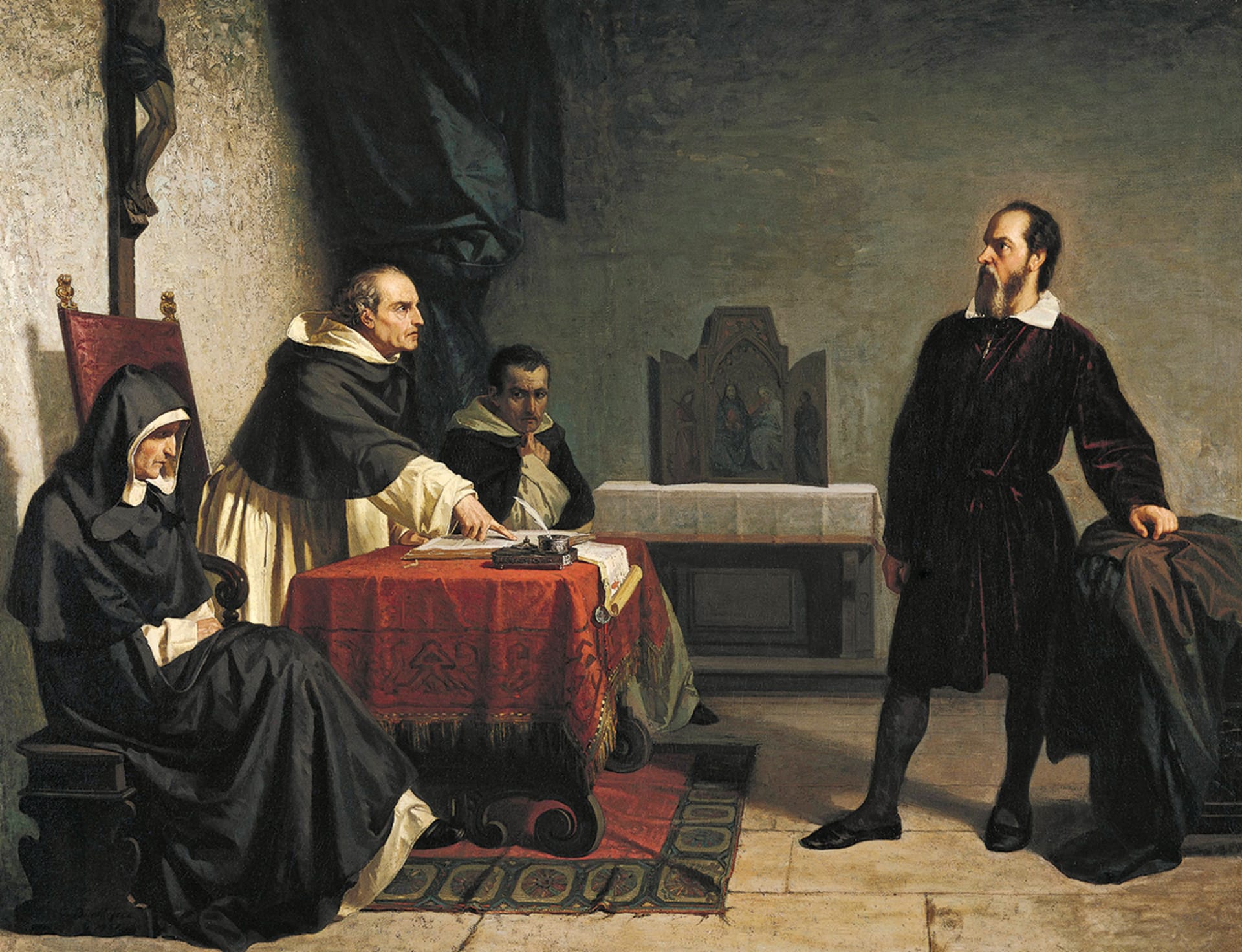 Malba Cristiana Bantiho z roku 1857 Galileo čelí římské inkvizici