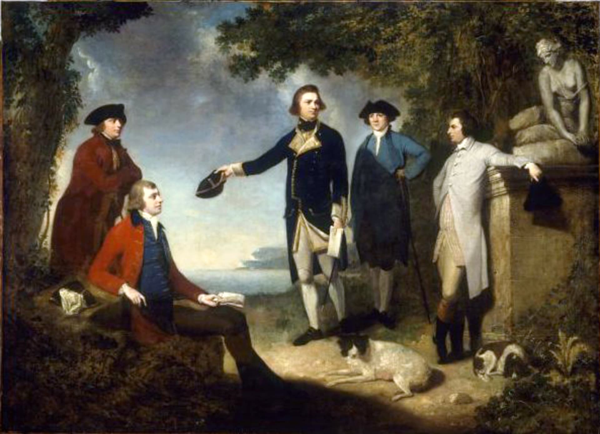 Dr. Daniel Solander, Sir Joseph Banks, kapitán James Cook, Dr John Hawkesworth a John Montagu hrabě ze Sandwich