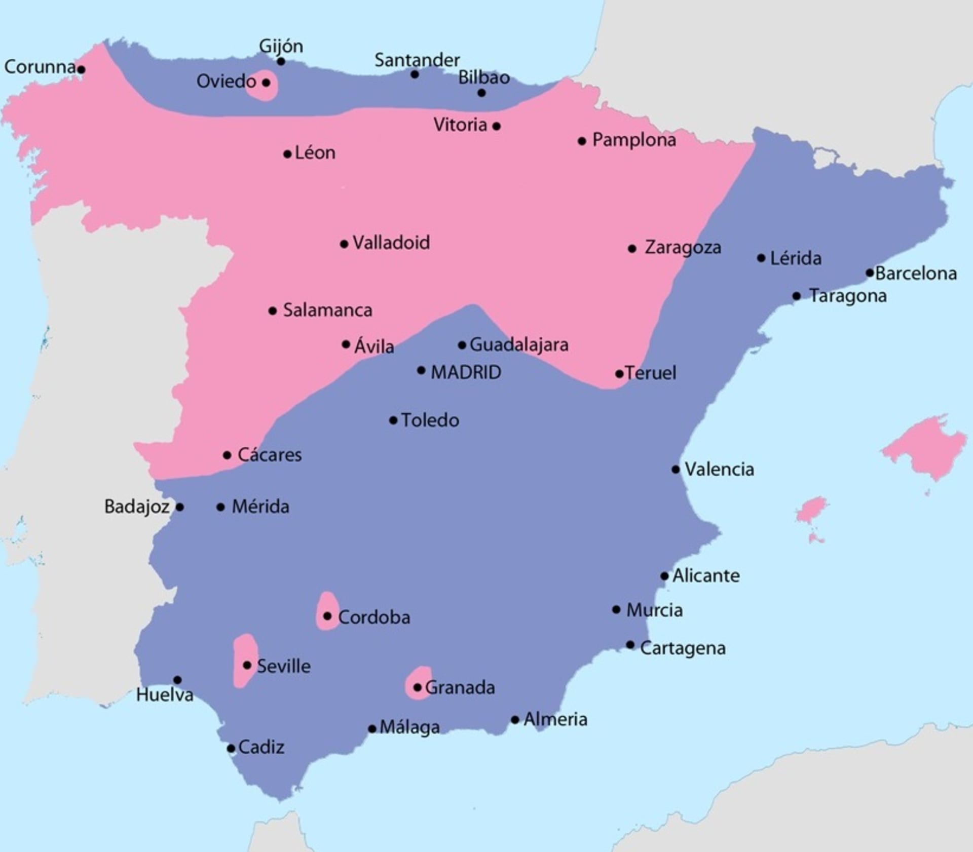 Rozložení sil na konci července 1936 - červeně území kontrolované Francovými pučisty, modře oblast pod kontrolou vlády v Madridu