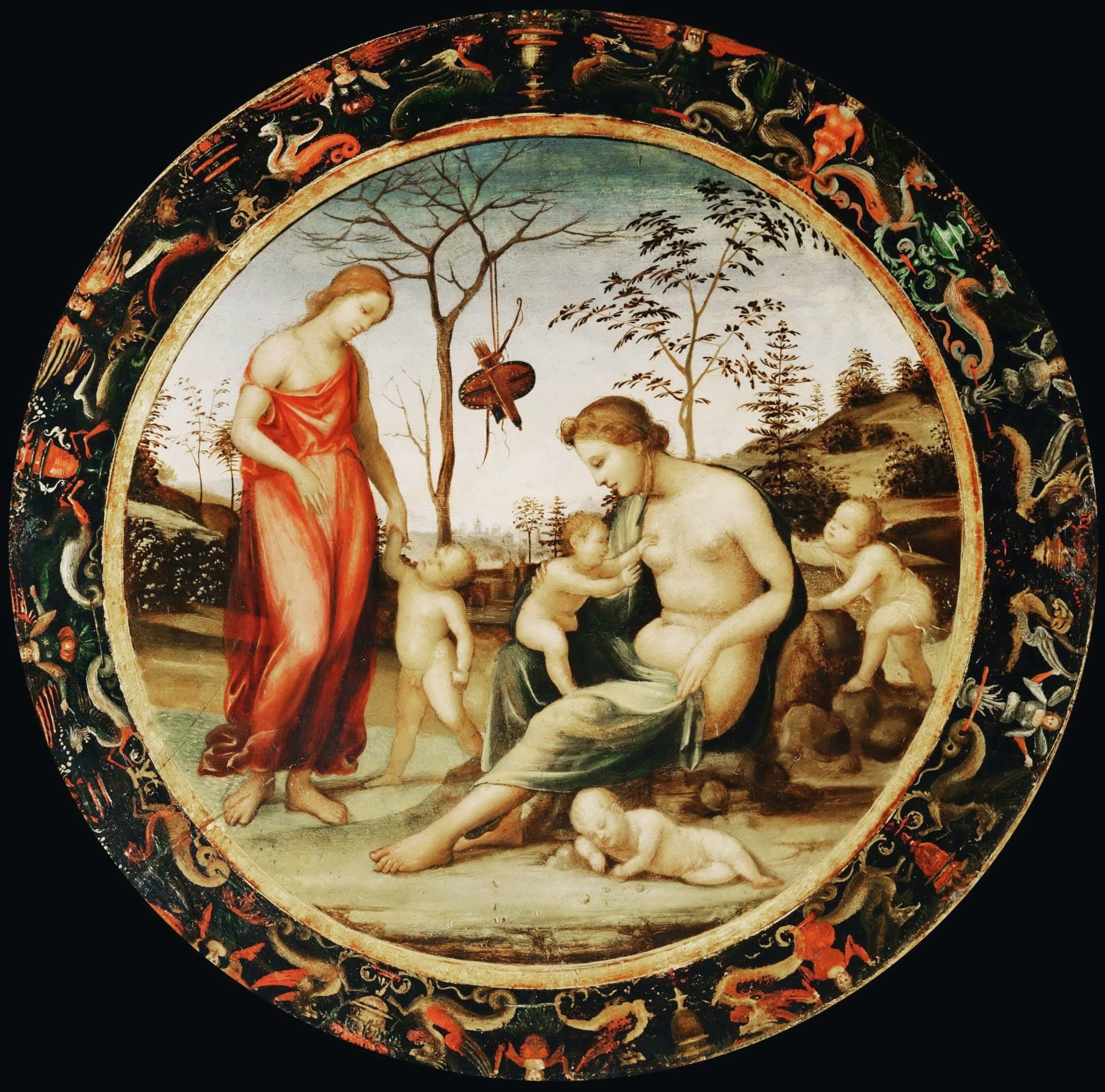 Venuše pozemská s Erósem  a Venuše nebeská s Anterem a dvěma kupidy - autorem této alegorie je Giovanni Antonio Bazzi (1508)