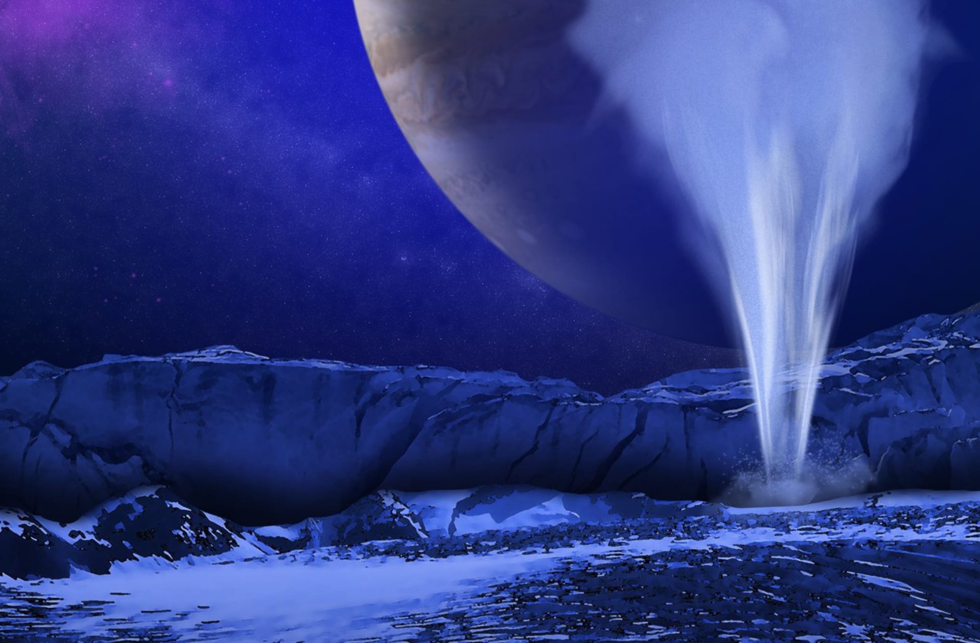 Hubbleův teleskop zaznamenal na povrchu Europy viditelné gejzíry vody