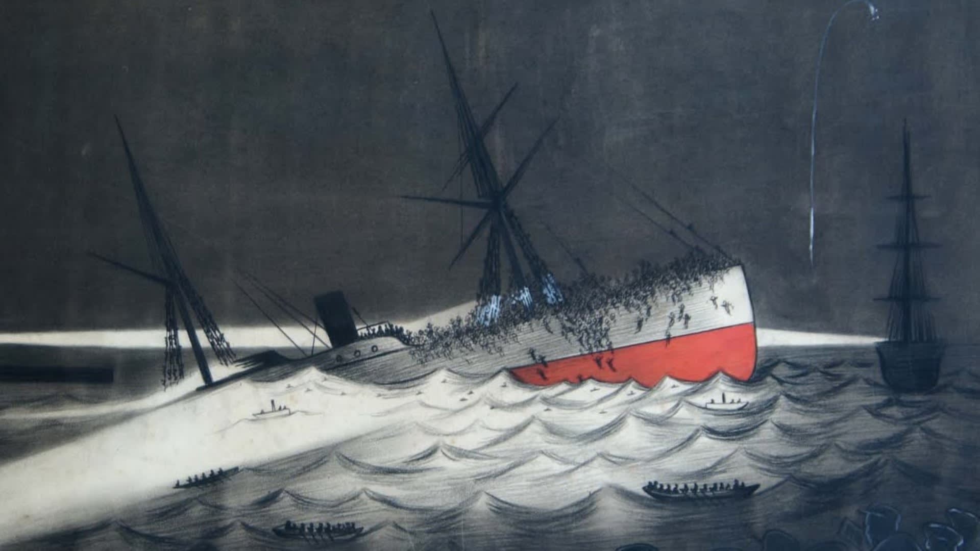 Skica znázorňující potopení SS Utopia