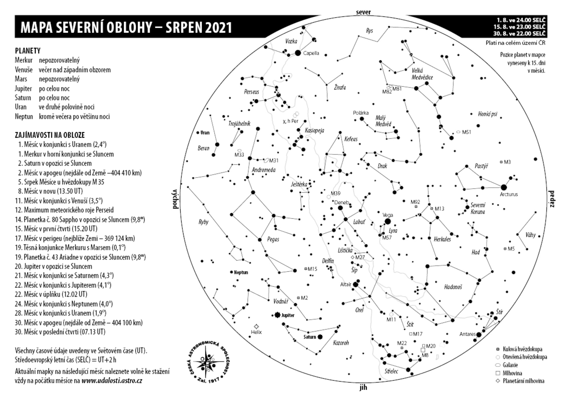 Viditelná souhvězdí, hvězdy a další objekty na noční obloze v průběhu srpna 2021