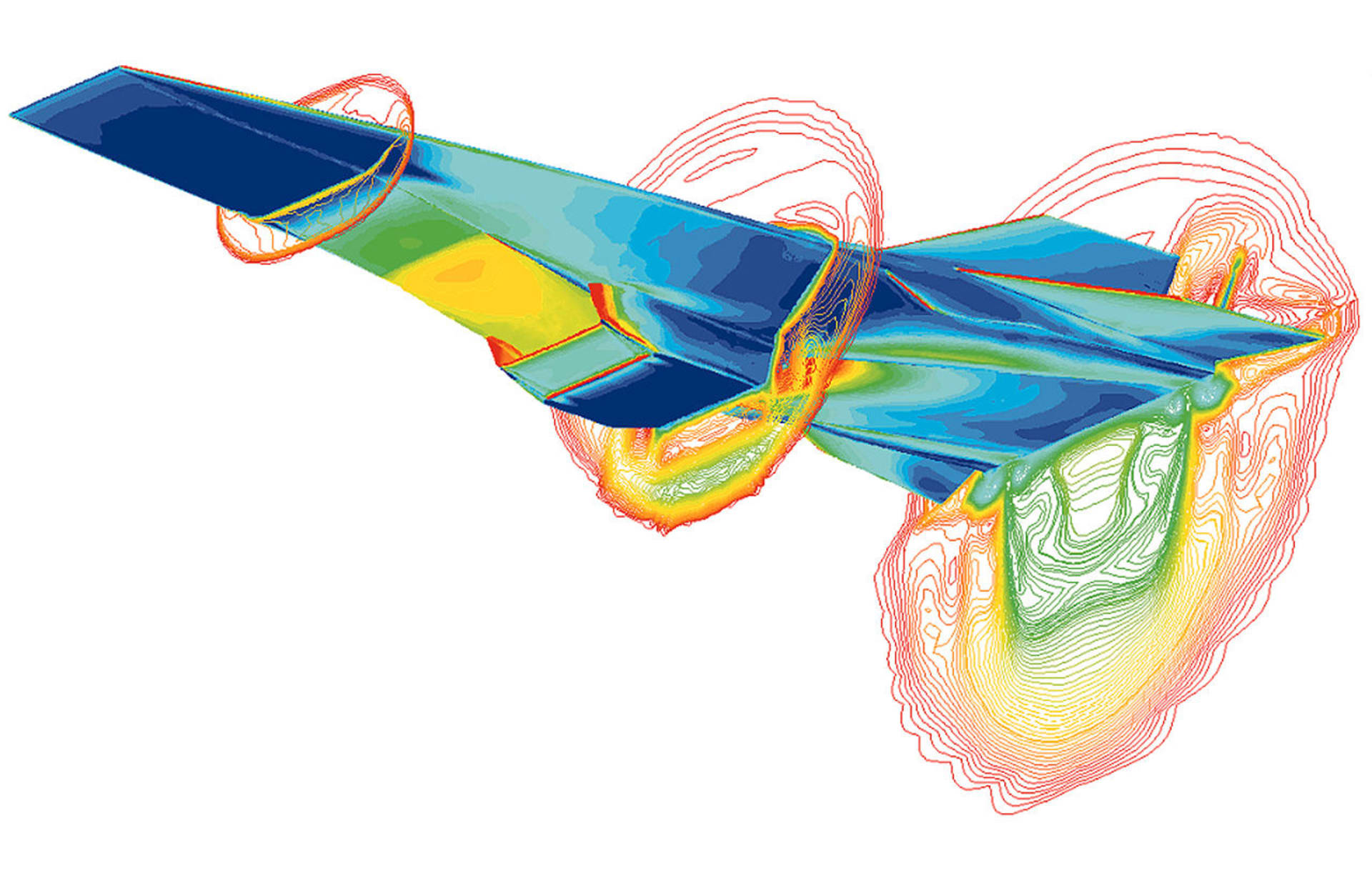 Model proudění (průřez) kolem hypersonického letounku X-43 při rychlosti Mach 7 a tepelné namáhání jeho povrchu. (NASA)
