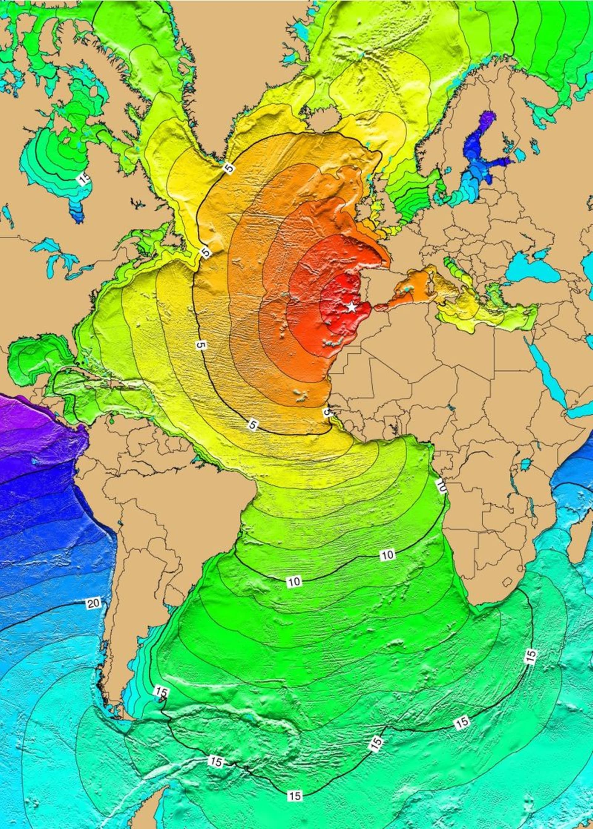 Epicentrum zemětřesení označené hvězdičkou. Čísla označují, po kolika hodinách od otřesů zasáhla pobřeží vlna tsunami