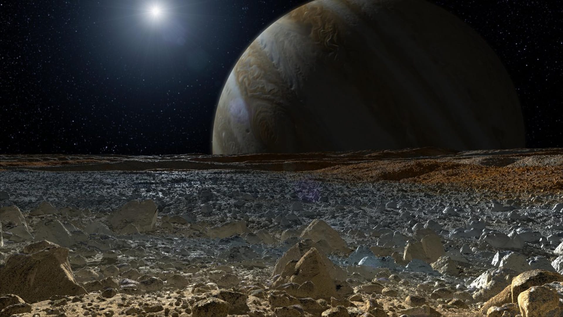 Pohled na Jupiter z povrchu Europy