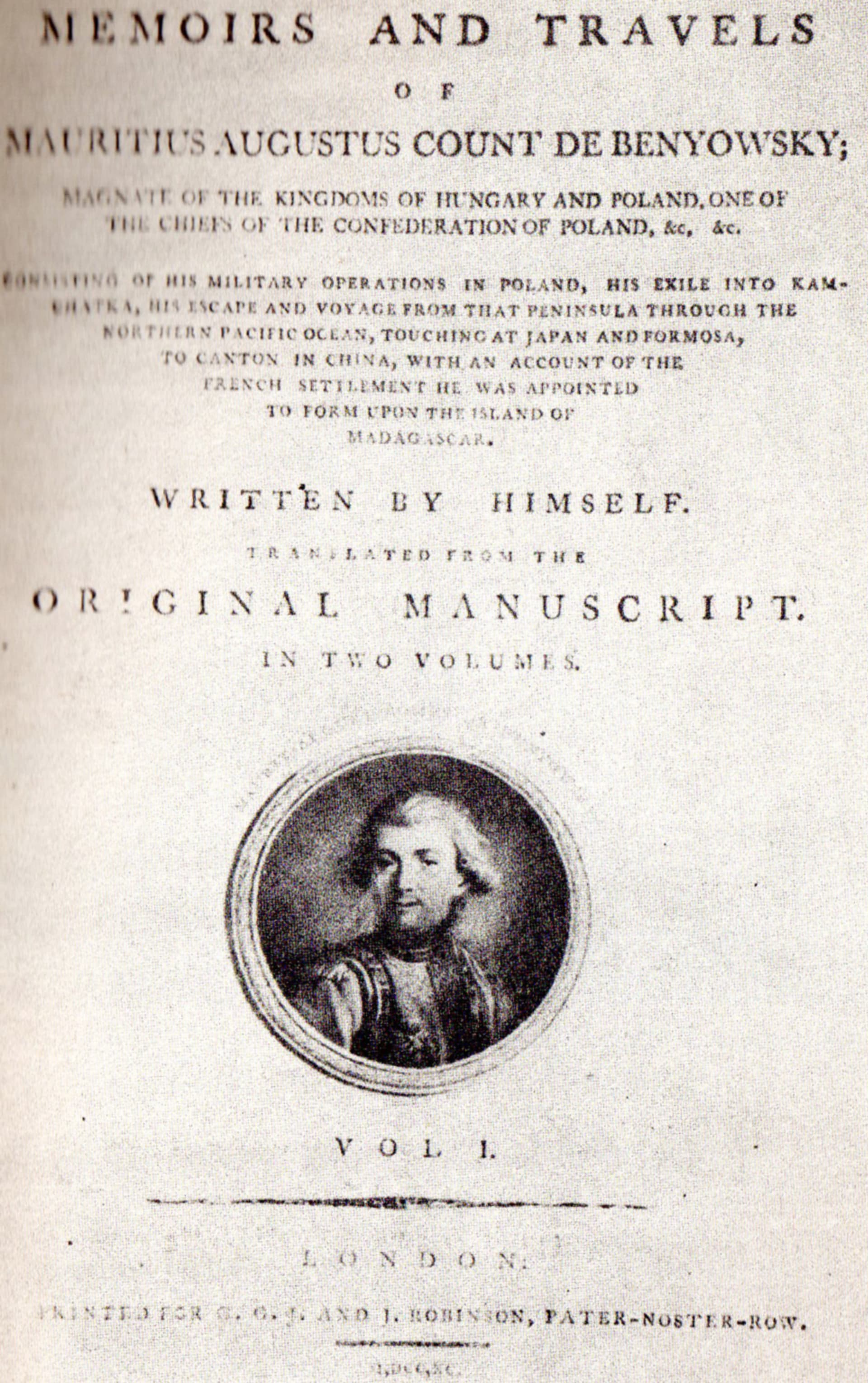 Titulní strana prvního vydání Beňovského pamětí (Londýn,1790). Od té doby vyšly v mnoha jazycích a staly se bestsellerem