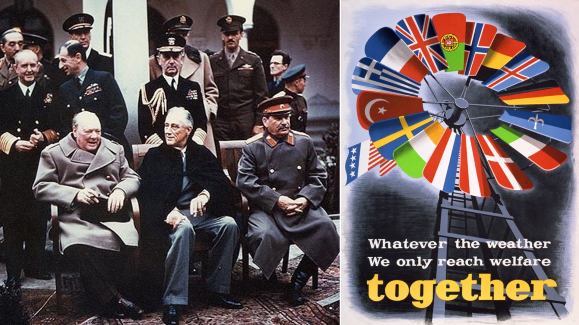 Marshall se samozřejmě zúčastnil i slavné konference v Jaltě. Napravo je propagační plakát Marshallova plánu.