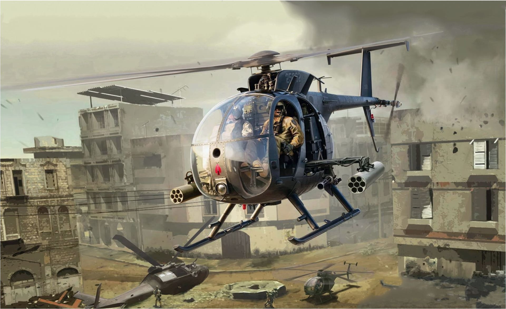 Bitva o Mogadišo začíná - vrtulník AH-6J Little Bird Nightstalker kryje palbou sestřelený MH-60L Blackhawk