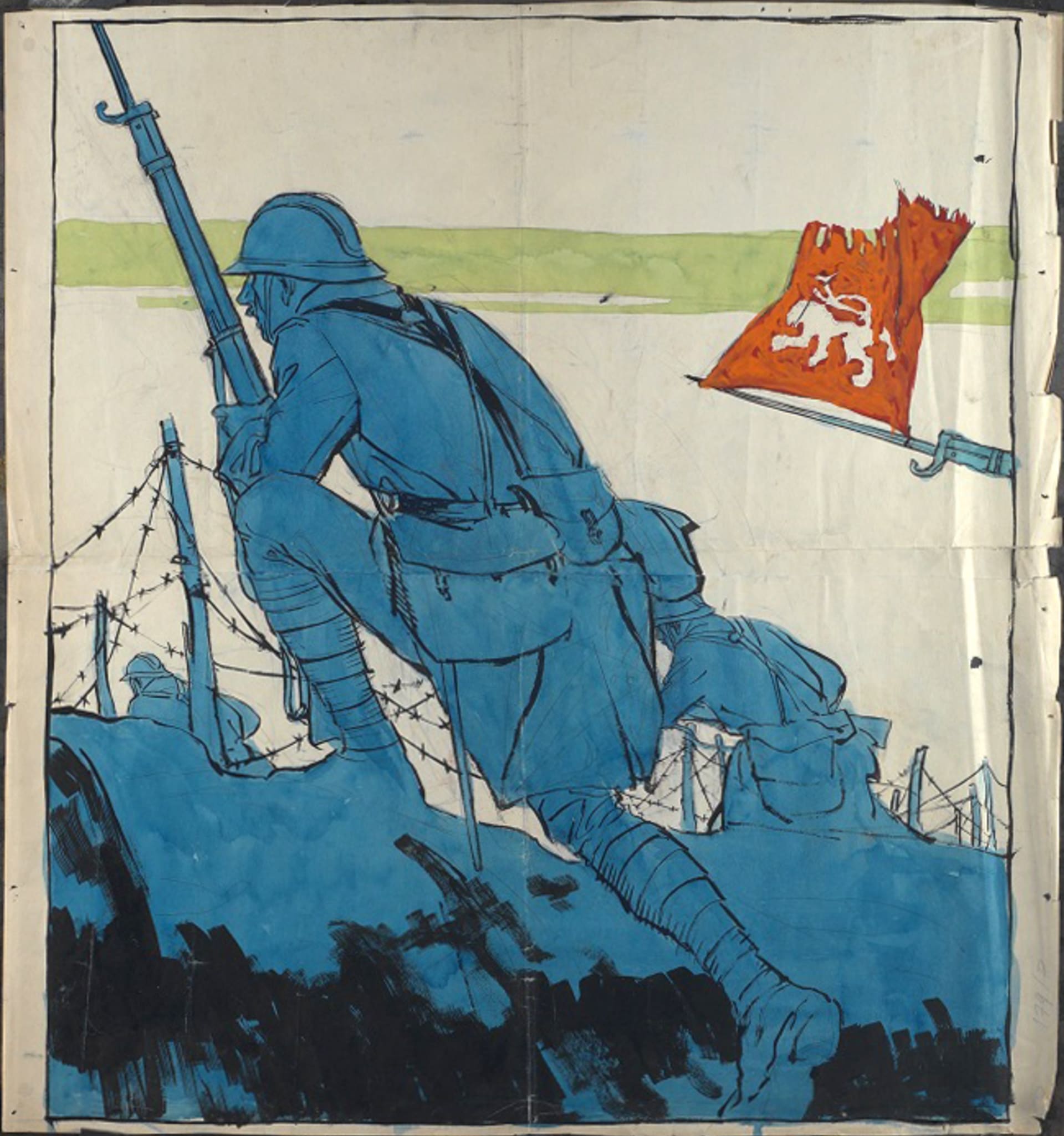 Vojtěch Preissig, „Za naši svobodu! Ku předu s československou armádou!“ , návrh agitačního plakátu (1917-1918), Památník národního písemnictví
