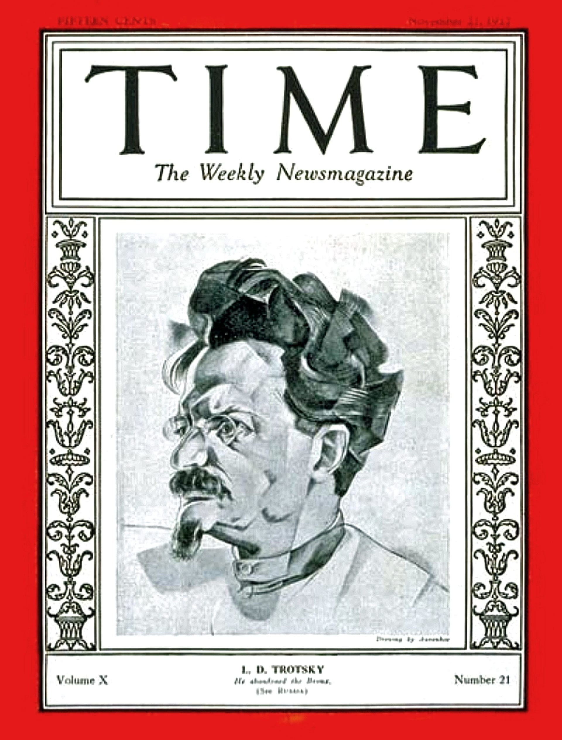 Trockij se dostal 21. listopadu 1927 na obálku časopisu Time. Autorem kubistického portrétu je Georges Anněnkov