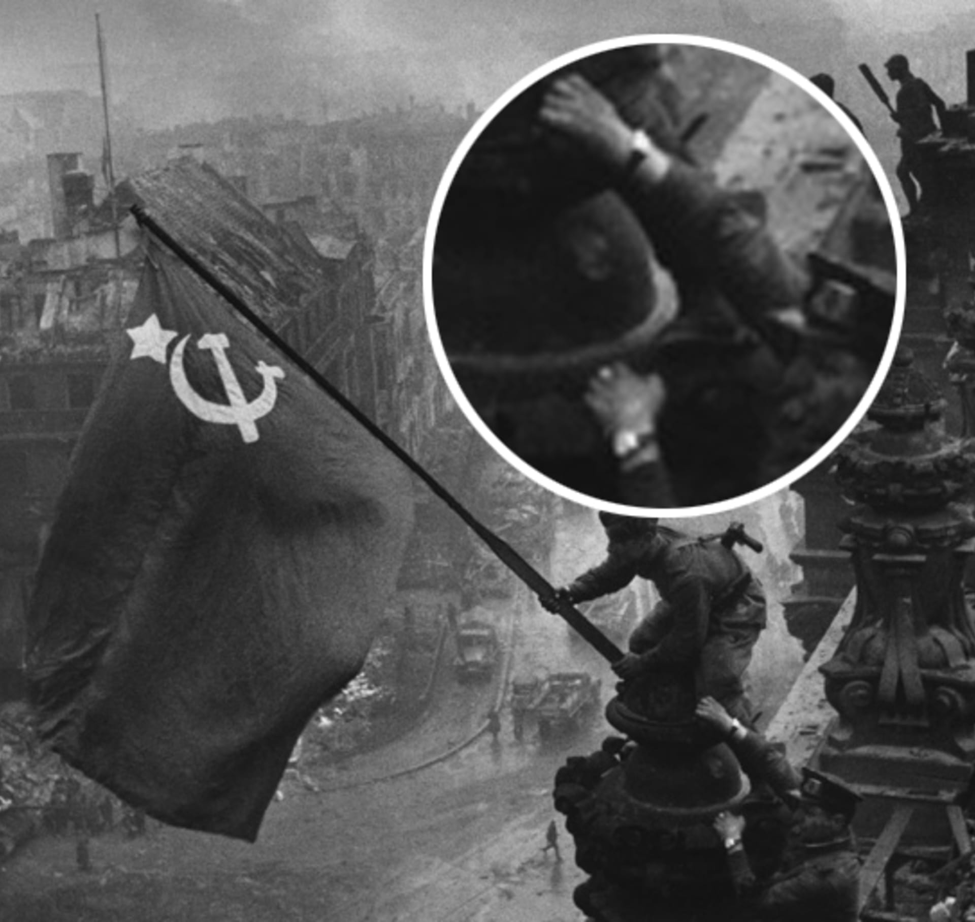 Red_army_soldiers_raising_the_soviet_flag_on_the_roof_of_the_reichstag_with_two_Watchs