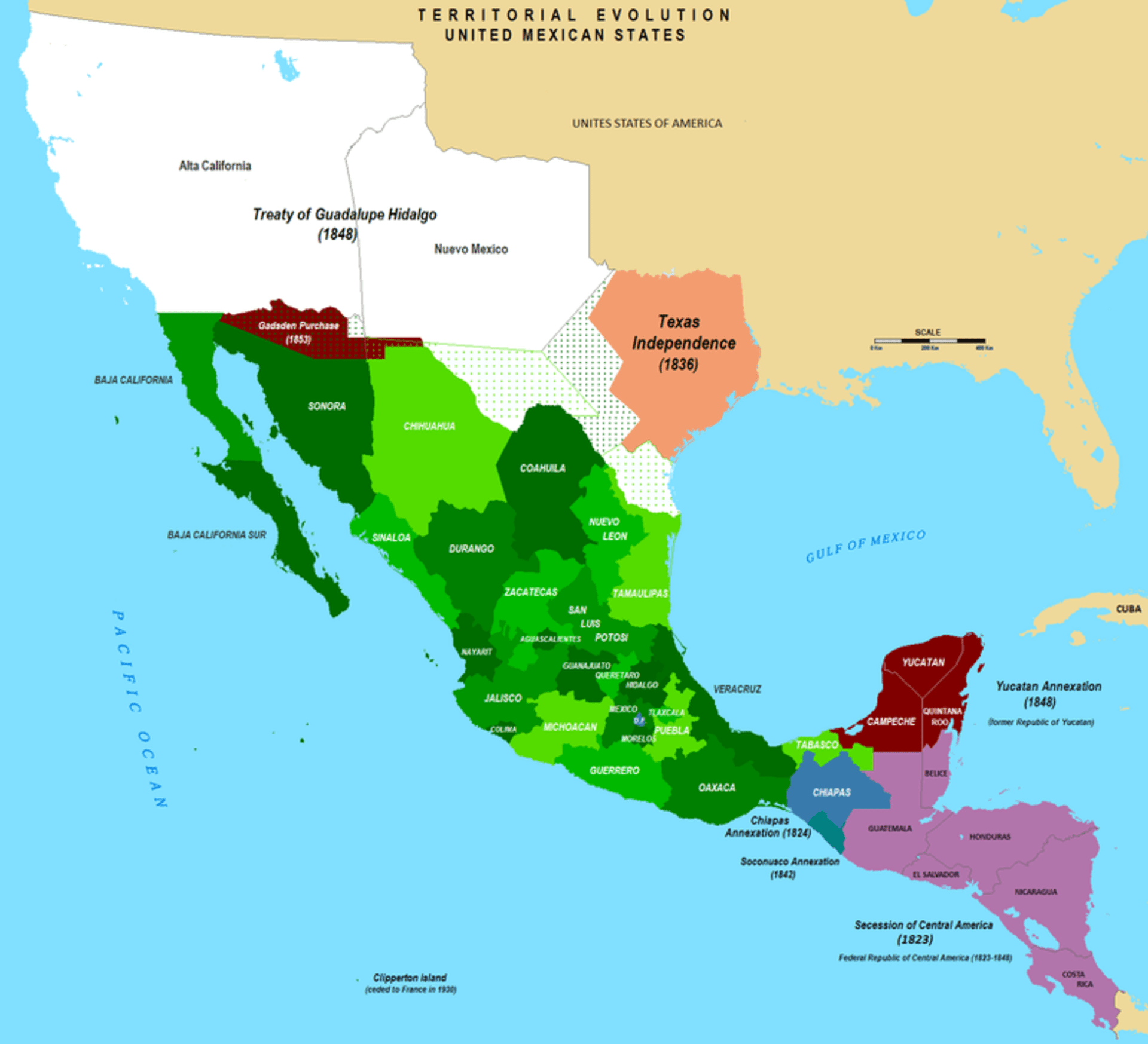Mexiko o Texas přišlo v roce 1836, následující územní ztráty jsou na mapě bílou barvou