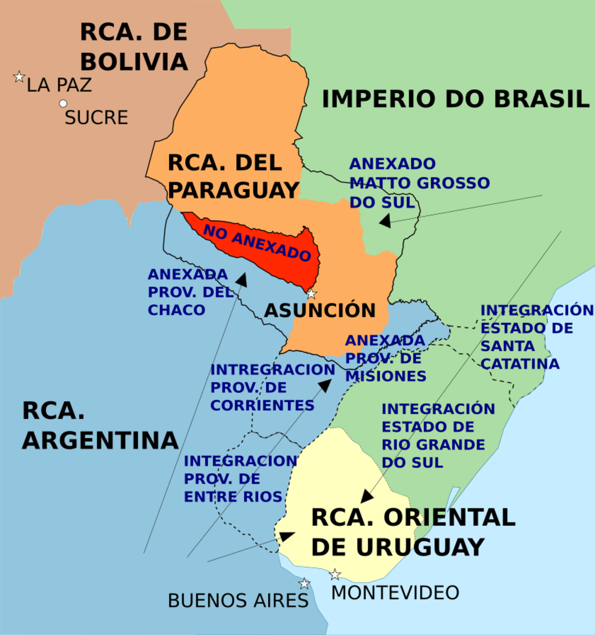Mapa ukazuje původní hranice Paraguaye a území, která připadala Argentině a Brazílii. Červeně je oblast, která nakonec Paraguayi zůstala.