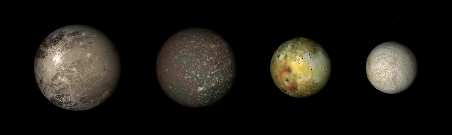 Jupiterovy ledové měsíce, zleva Ganymed, Callisto, Ió a Europa