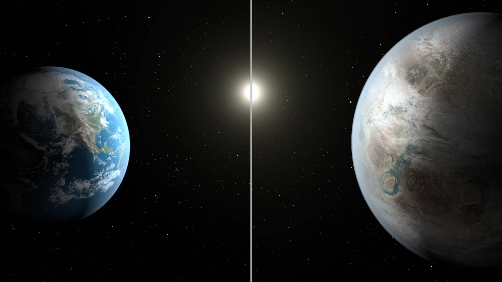 Srovnání velikosti Země a planety Kepler-452b (umělecké zobrazení)