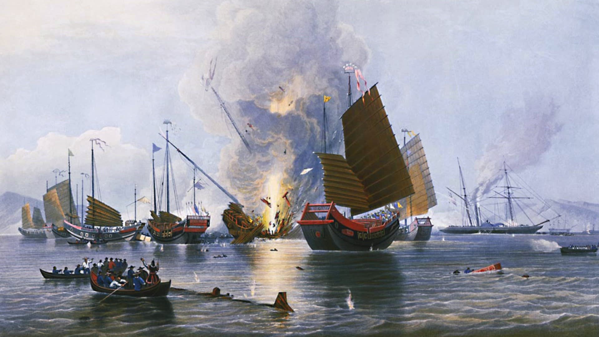 V době První opiové války (1839-42) už čínské loďstvo za flotilami Evropanů silně zaostávalo