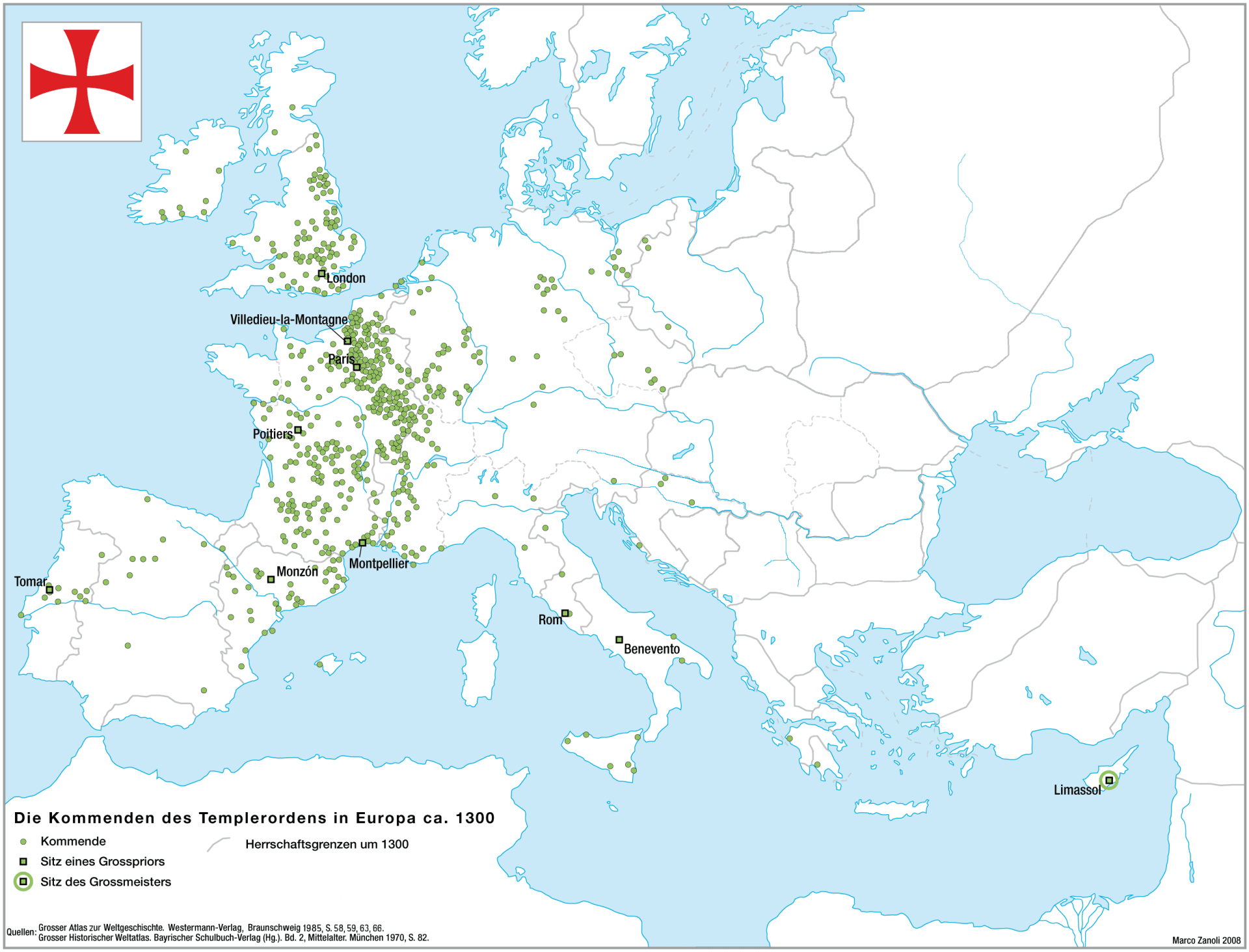 Templářské komendy v Evropě kolem roku 1300