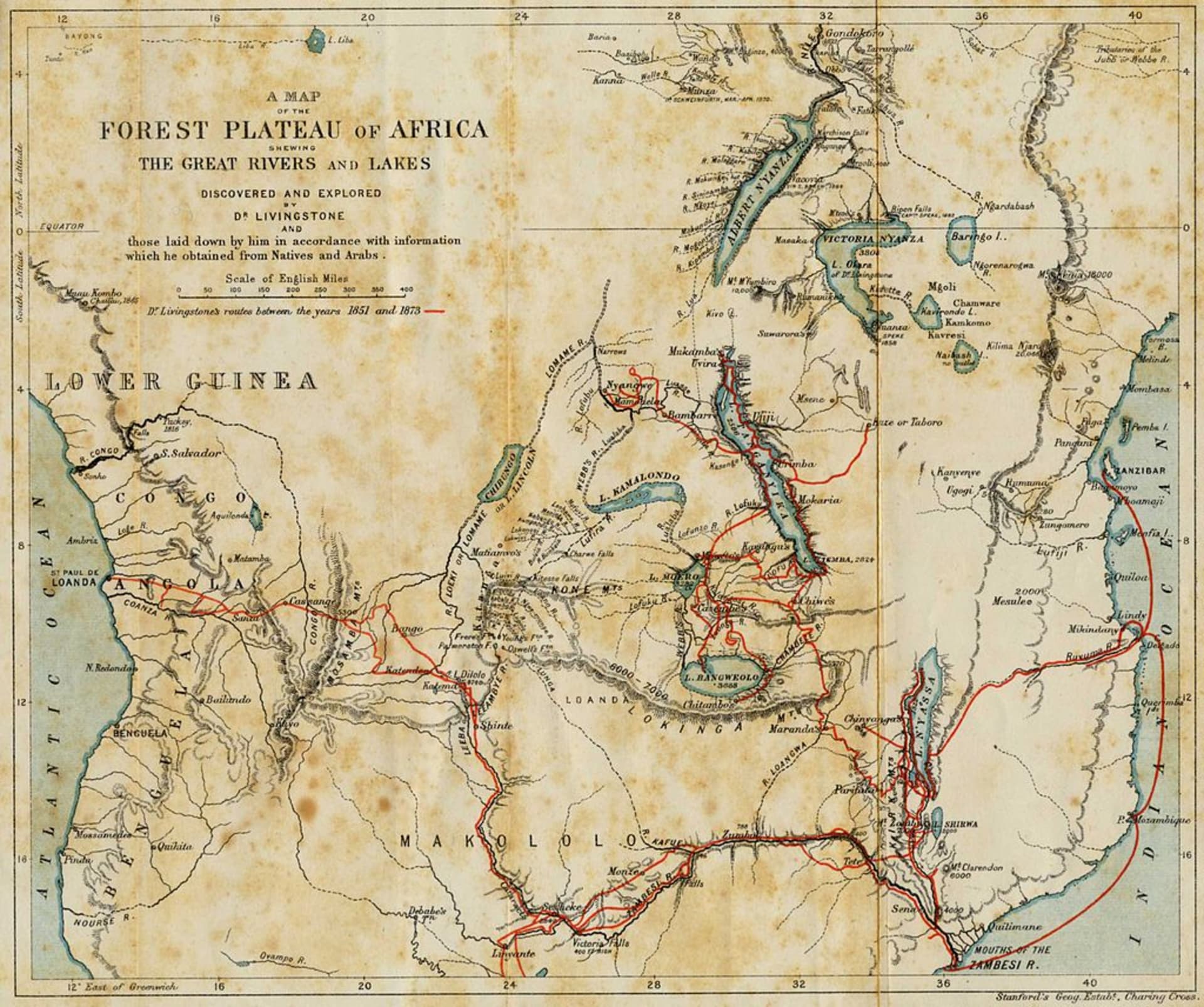 Mapa Livingstonova afrického putování