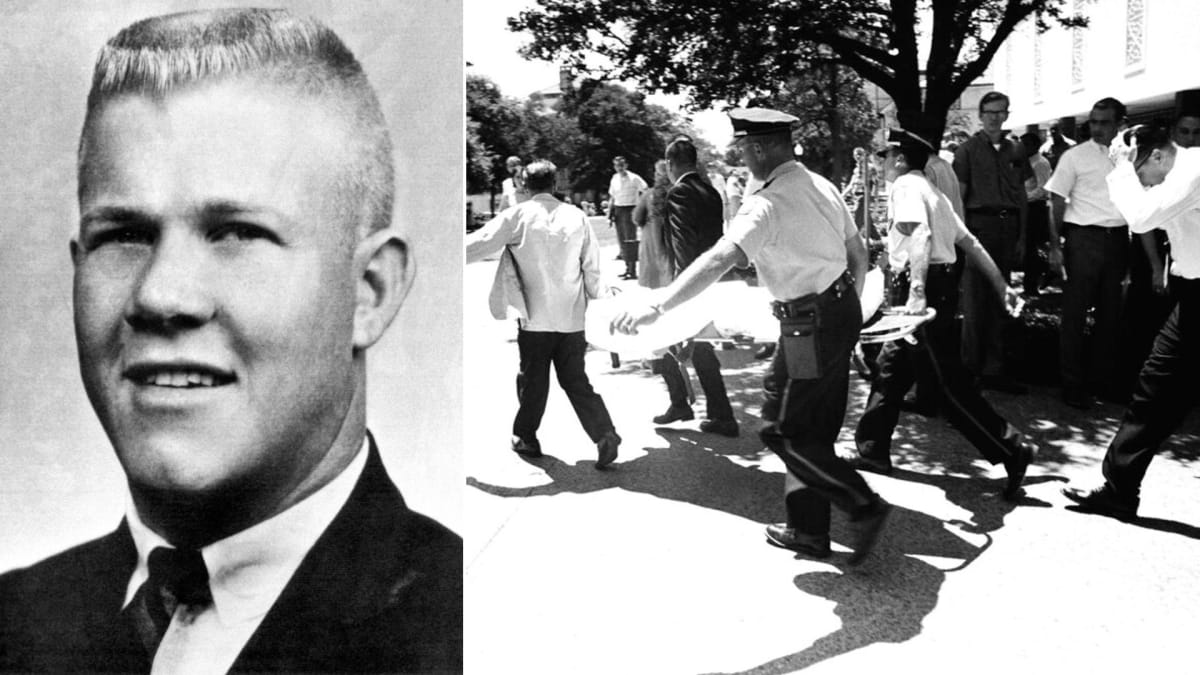 Charles Whitman a policisté odnášející jeho oběti do sanitky