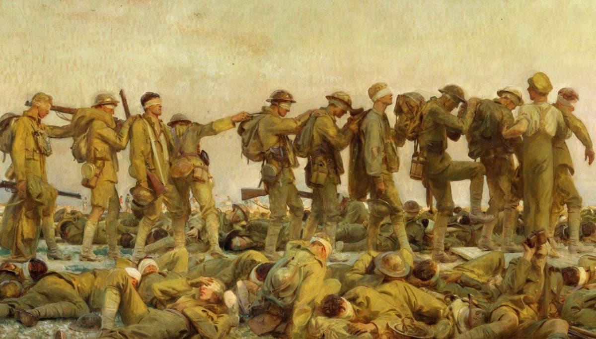 Zasaženi plynem - tak nazval svůj obraz americký malíř a účastník 1. světové války John Singer Sargent