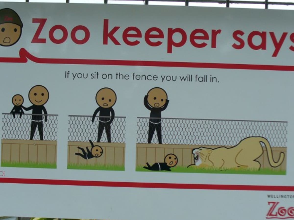 "Kdo sedí na plotě, spadne dovnitř." Velmi jednoznačné; Wellington Zoo